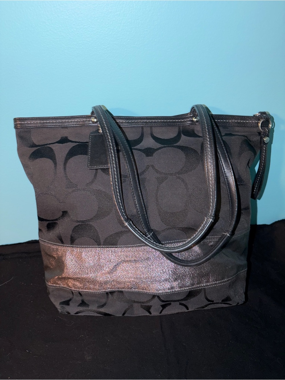 Coach Black Signature Jacquard Tote with Leather Trim